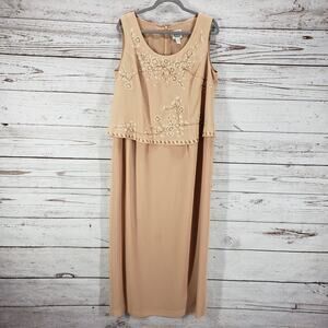 R&M Richards Women's Tan Nude Embroidered Beaded Sleeveless Dress Size 16W